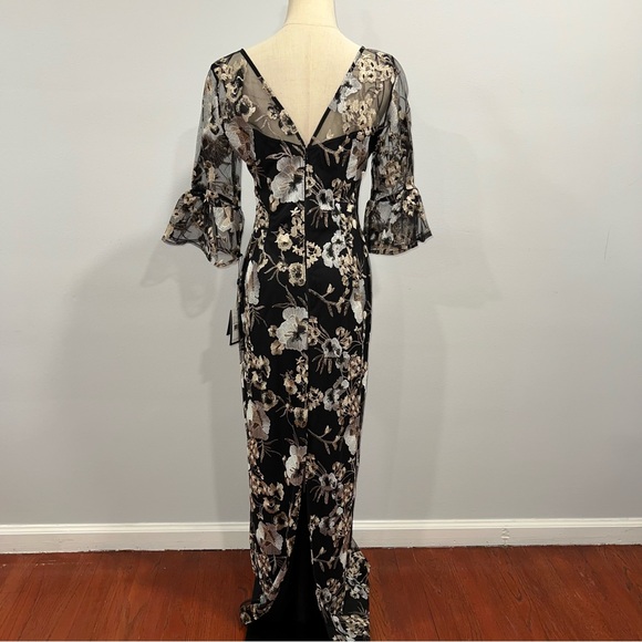 Adrianna Papell Black With Multicolor Floral Embroidery V-Neck 3/4 Sleeves Gown - Picture 9 of 15